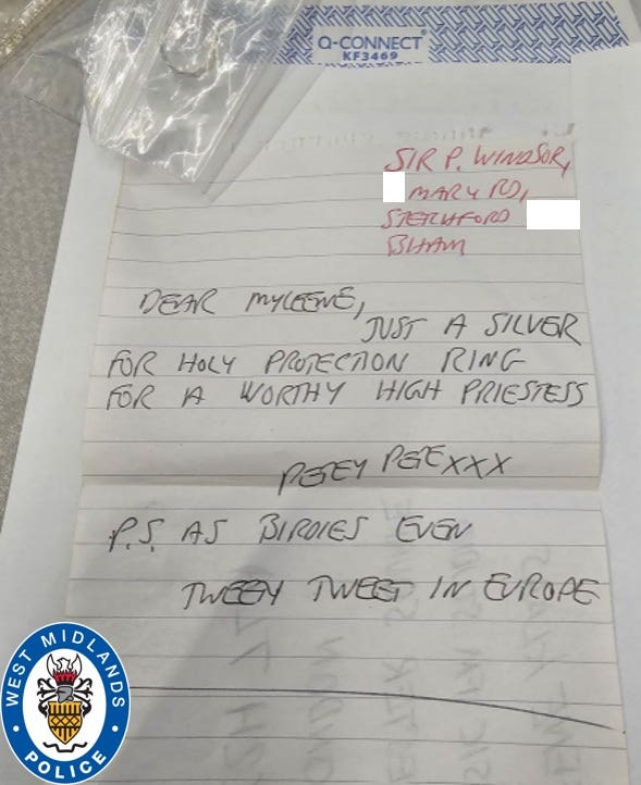 A letter and ring Peter Windsor sent to Myleene Klass