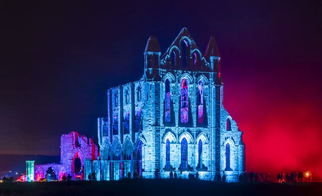 Lights illuminate the ruins of Whitby Abbey in North Yorkshire to mark Halloween