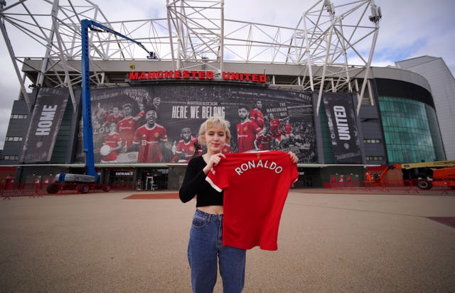 Manchester United fan Martha Quinn celebrated the return of Ronaldo outside Old Trafford 