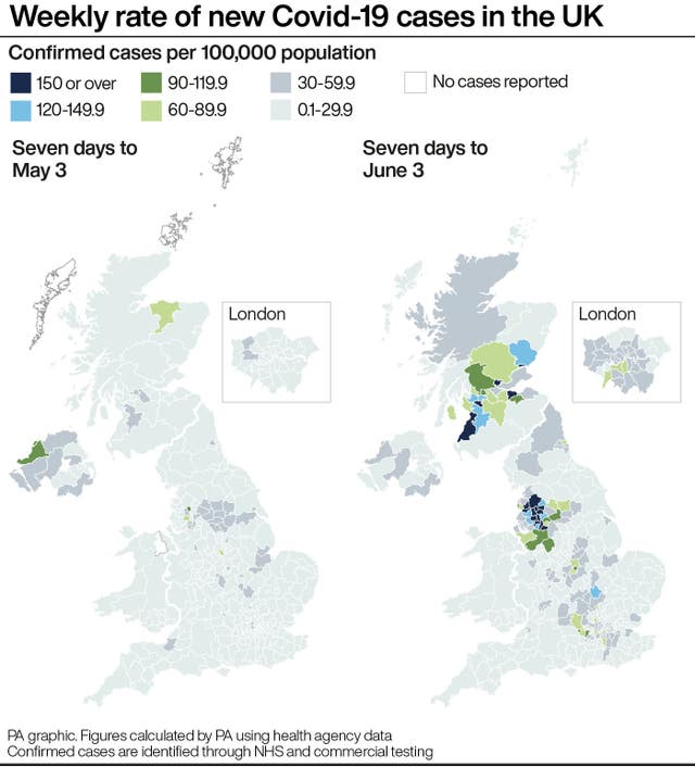 Weekly rate of new Covid-19 cases in the UK