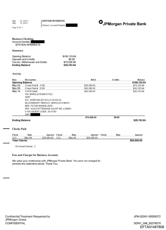 An apparent payment made to Lord Mandelson by Epstein