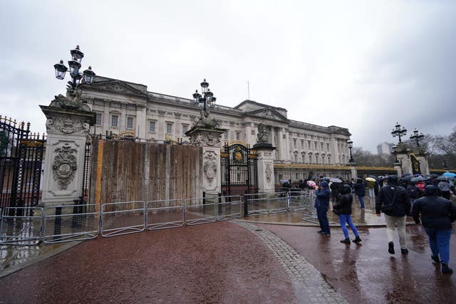 Scaffolding installed at the gates of Buckingham Palace after a car crashed into them