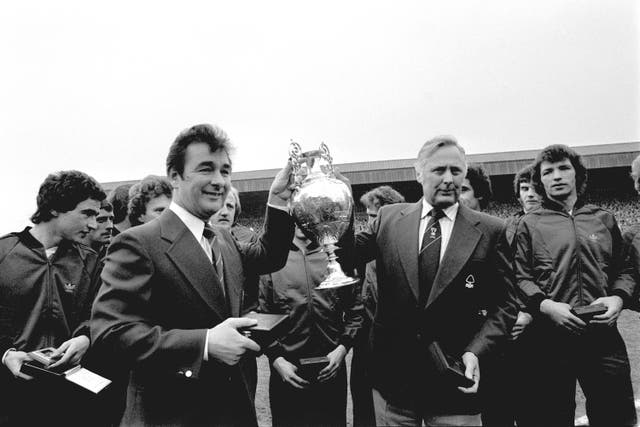 Clough, left, celebrates Forest's league title success in 1978