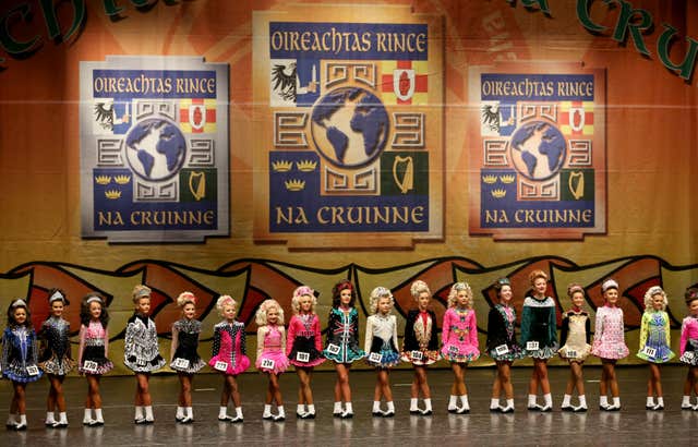 Dancers in the girls' 12-13 competition take part in the 48th World Irish Dancing Championships at the Royal Concert Hall in Glasgow in March