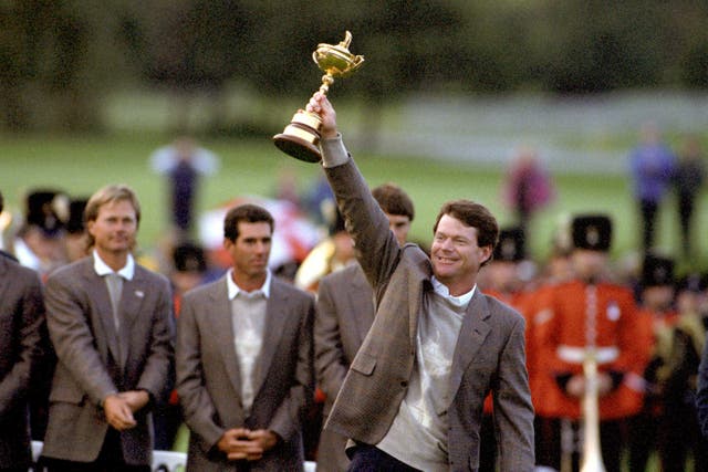 United States captain Tom Watson holds the Ryder Cup aloft at the Belfry in 1993