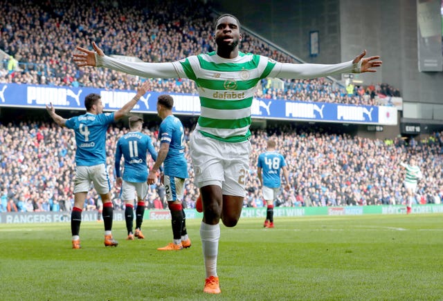 Celtic’s Odsonne Edouard found the net d espite the attentions of several Rangers players
