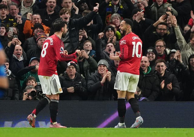 Manchester United’s Matheus Cunha celebrates scoring