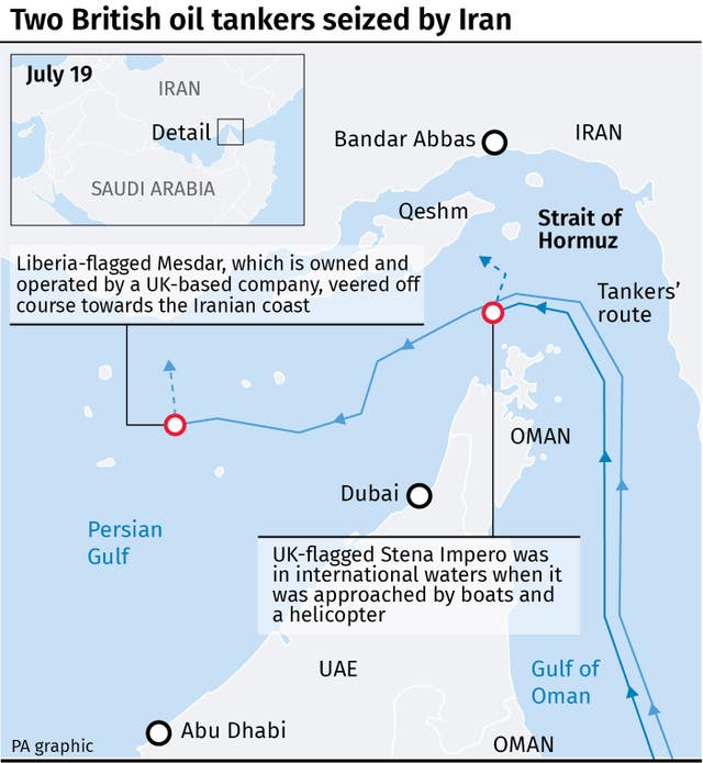 Map locates where two British oil tankers were seized by Iran