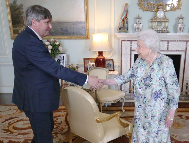 The Queen receives Simon Armitage to present him with the Queen’s Gold Medal for Poetry upon his appointment as Poet Laureate during an audience at Buckingham Palace in 2019