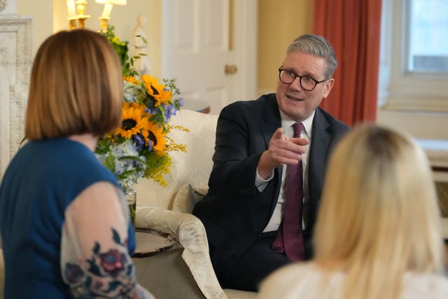 Prime Minister Sir Keir Starmer speaks with guests while hosting a Downing Street reception for members of the Ukrainian community and those who have played a role in supporting them in the UK