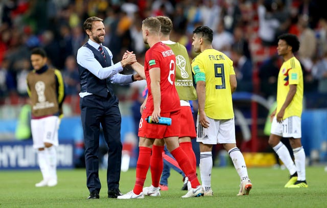 Southgate and his players celebrate beating Colombia en route to the World Cup semi-finals