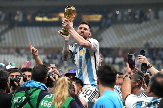Argentina captain Lionel Messi celebrates after winning the World Cup in 2022