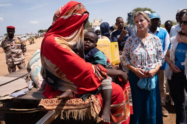 The Duchess of Edinburgh in Chad, with refugees who had crossed the border from Sudan