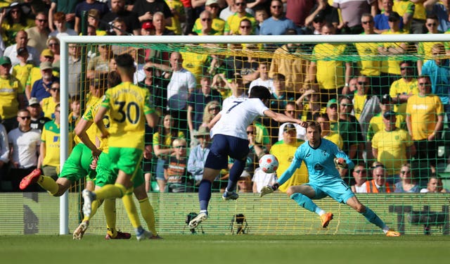 Tottenham Hotspur’s Son Heung-min scores their side’s fourth goal of the game during the Premier League match at Carrow Road, Norwich. Picture date: Sunday May 22, 2022