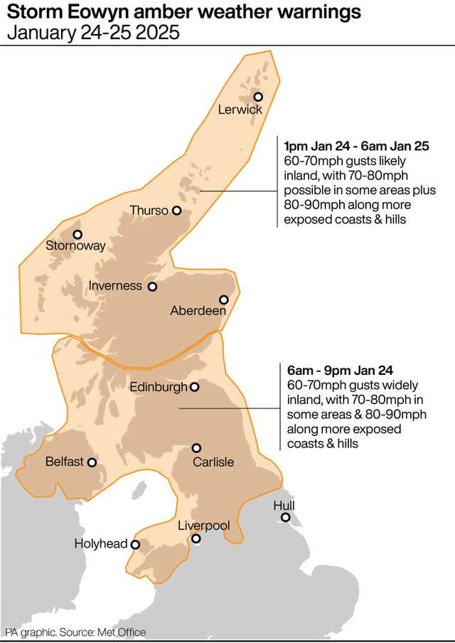 Map of UK showing amber weather warning areas