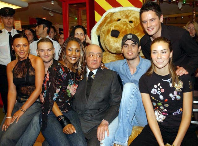 Harrods Chairman Mohamed Al Fayed with pop band Liberty X and singer Enrique Iglesias in Knightsbridge.