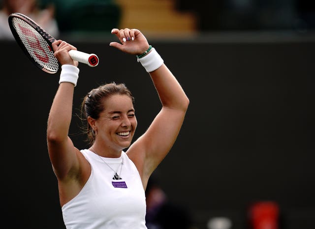 Jodie Burrage celebrates winning her first singles match at Wimbledon 