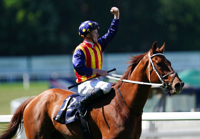 James McDonald salutes the crowd after a breathtaking victory from Australian raider Nature Strip in the King's Stand Stakes