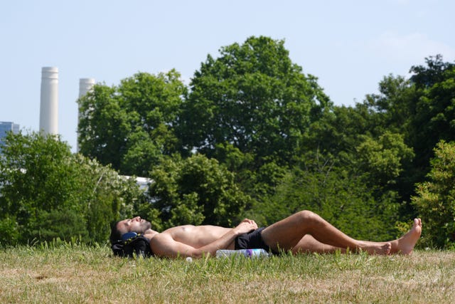 A topless man wearing shorts sunbathes on the grass in Battersea Park