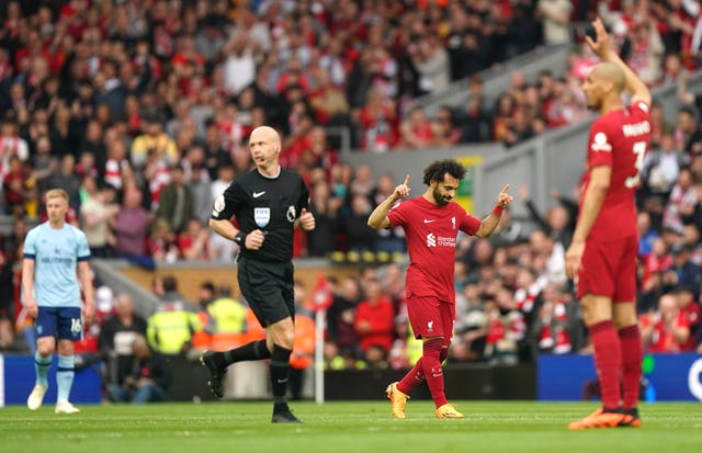Liverpool’s Mohamed Salah celebrates scoring 
