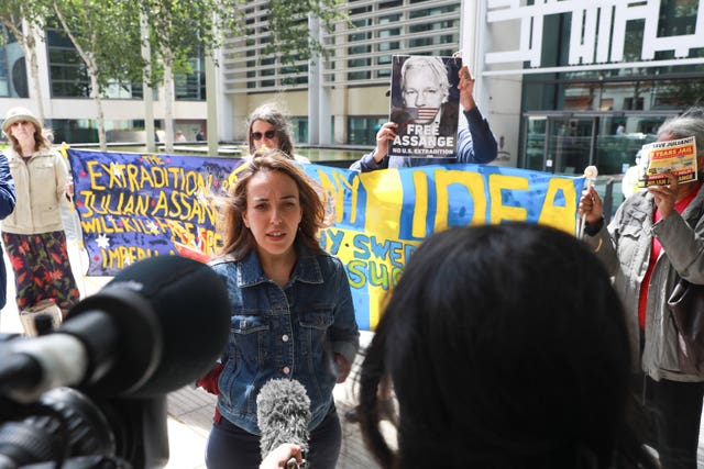 Stella Assange, the wife of Wikileaks founder Julian Assange, speaks to the media outside the Home Office in London in July