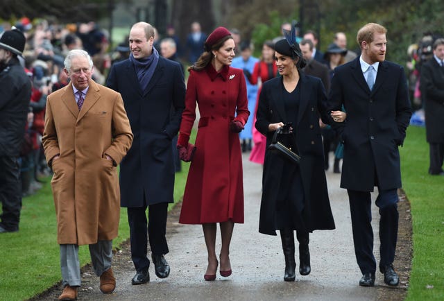 The Prince of Wales, the Duke of Cambridge, the Duchess of Cambridge, the Duchess of Sussex and the Duke of Sussex arriving to attend the Christmas Day morning church service at St Mary Magdalene Church in Sandringham, Norfolk, in 2018