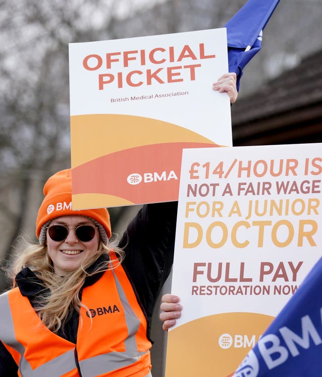 Striking NHS junior doctors on the picket line outside the William Harvey Hospital in Ashford, Kent