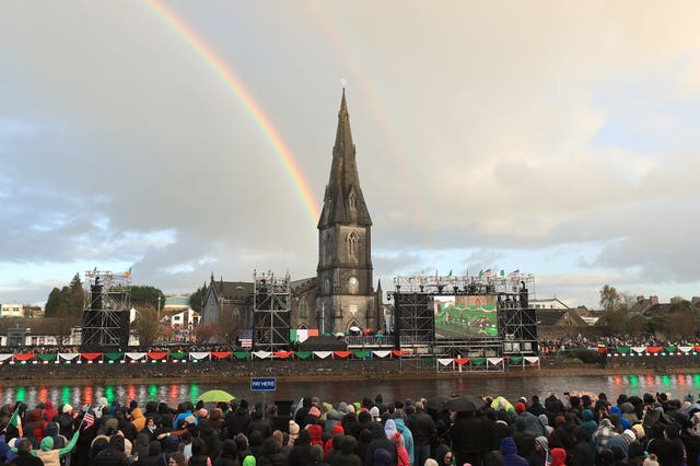 A rainbow appears before US President Joe Biden delivered a speech at St Muredach’s Cathedral in Ballina