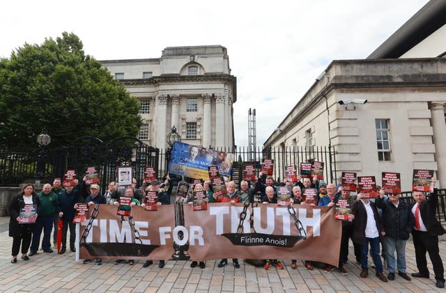 Protesters outside the Royal Courts of Justice in Belfast in June as the appeal over the Legacy Act commenced