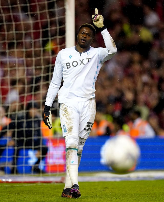 Nottingham Forest goalkeeper Brice Samba celebrates saving a penalty