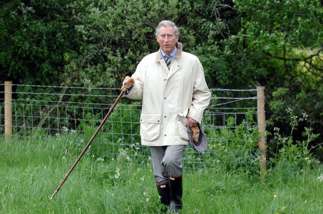 Charles, then the Prince of Wales, during a walk between Clattinger Farm and Lower Moor Farm near Malmesbury, Wiltshire 