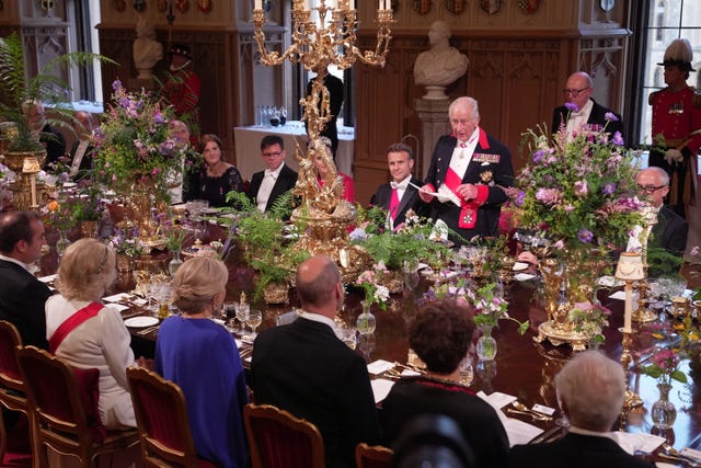 The King speaking at the State Banquet for President of France Emmanuel Macron and his wife Brigitte Macron at Windsor Castle, Berkshire, on day one of the French president’s state visit to the UK 