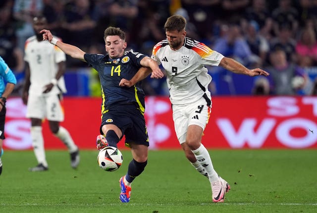 Scotland’s Billy Gilmour and Germany’s Niclas Fullkrug battle for the ball 