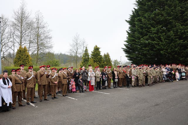 A street-lining procession as Queen Camilla leaves after her visit to the Royal Lancers regiment, her first visit to the regiment since being appointed as their Colonel-in-Chief, at Munster Barracks, Catterick Garrison, North Yorkshire