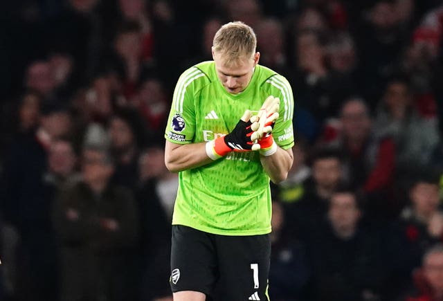 Arsenal goalkeeper Aaron Ramsdale looks dejected after a mistake led to Brentford equalising