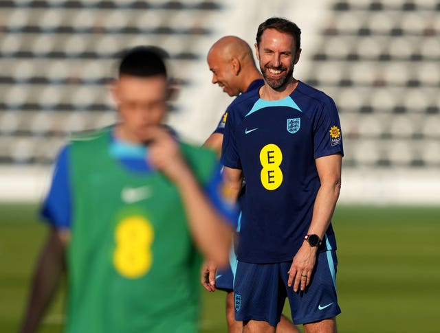 England manager Gareth Southgate and Phil Foden during a training session