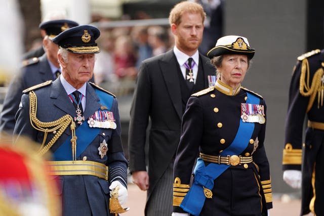 The King and Princess Royal walked ahead of Harry and his brother and cousin