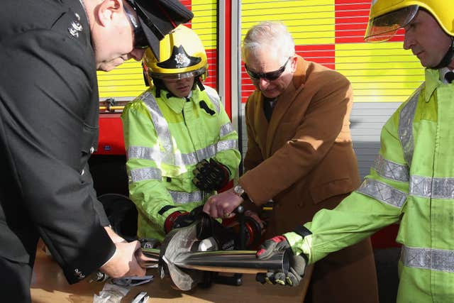 Charles donned sunglasses as he met emergency services personnel at the new Emergency Service Station in Barnard Castle