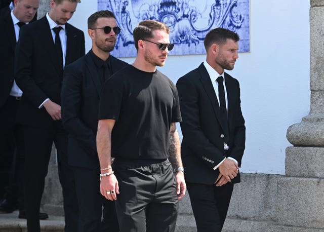 Jordan Henderson and James Milner leave the funeral of Diogo Jota 
