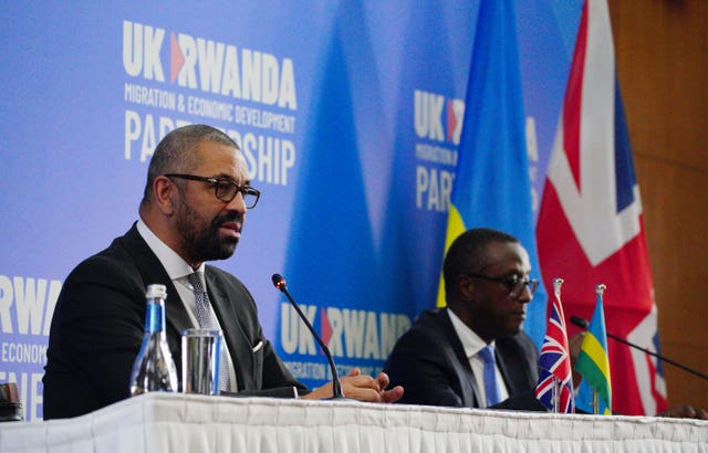Home Secretary James Cleverly speaks during a press conference with Rwandan minister of foreign affairs Vincent Biruta after signing the treaty in Kigali