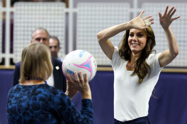 The Princess of Wales plays netball as she attends a mental fitness workshop run by SportsAid at Bisham Abbey National Sports Centre in Marlow