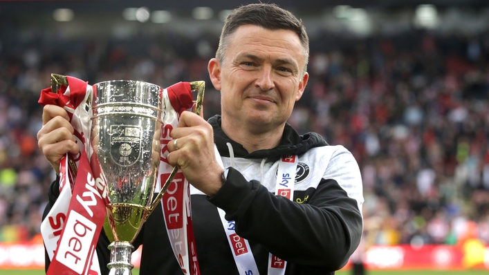Sheffield United manager Paul Heckingbottom lifts the second place trophy after the Sky Bet Championship match at Bramall Lane, Sheffield. Picture date: Saturday April 29, 2023.