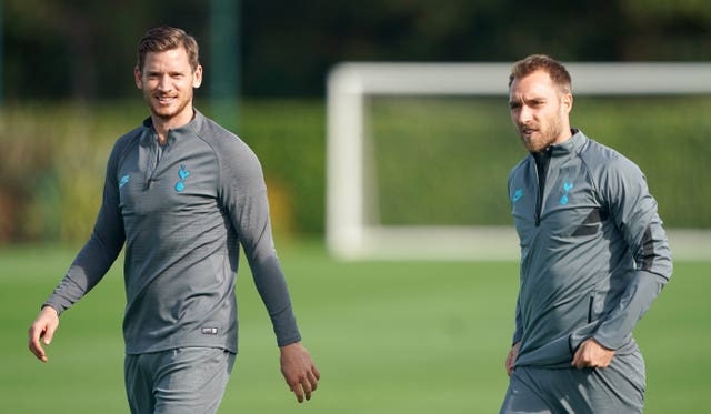 Vertonghen (left) and Christian Eriksen (right) during Spurs' training session