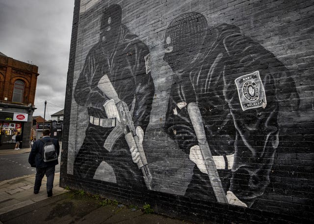 An Ulster Volunteer Force (UVF) mural in support of the loyalist paramilitary group on the wall of a property on the Lower Newtownards Road in east Belfast