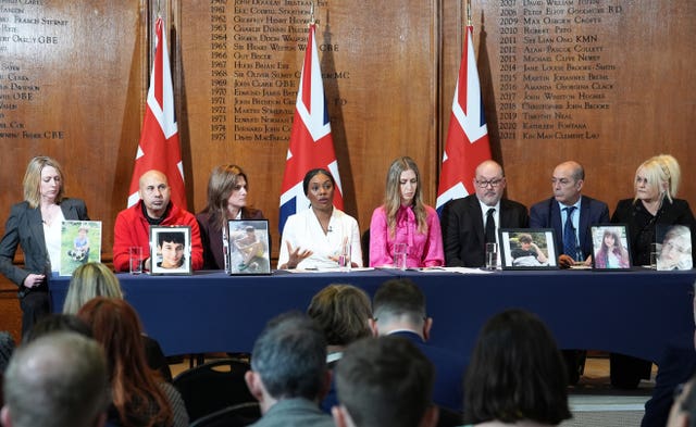 (left to right) Lisa Kenevan, George Nicolau, Ellen Roome, Conservative Party leader Kemi Badenoch, shadow education secretary Laura Trott, Stuart Stephens, Mariano Janin and Hollie Dance hold a press conference in Westminster, central London