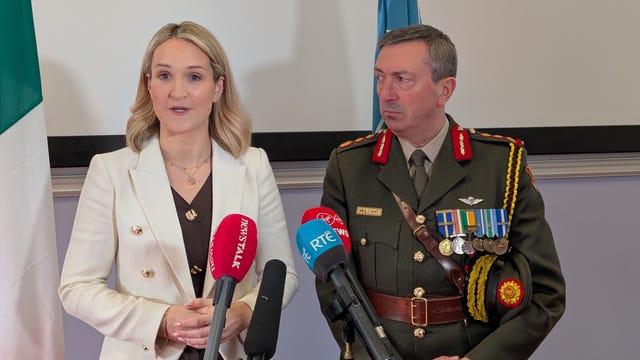 Defence Minister Helen McEntee and Defence Forces Chief of Staff Rossa Mulcahy speaking to the media about fuel protests 