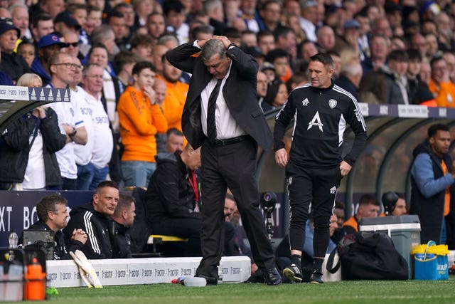 Leeds boss Sam Allardyce reacts after Bamford failed to convert his first-half penalty 