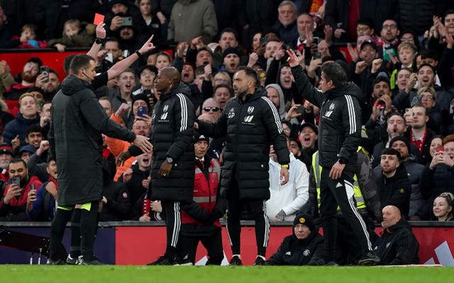 Marco Silva, right, is sent to the stand against Manchester United