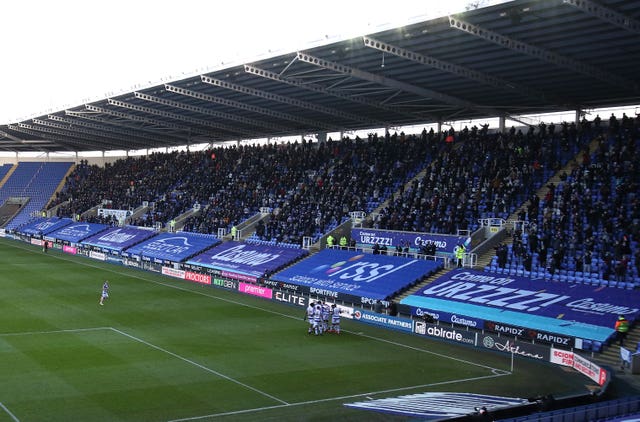 Reading’s Lucas Joao celebrates scoring in front of the limited amount of spectators in attendance at the Madejski Stadium for the clash with Nottingham Forest 