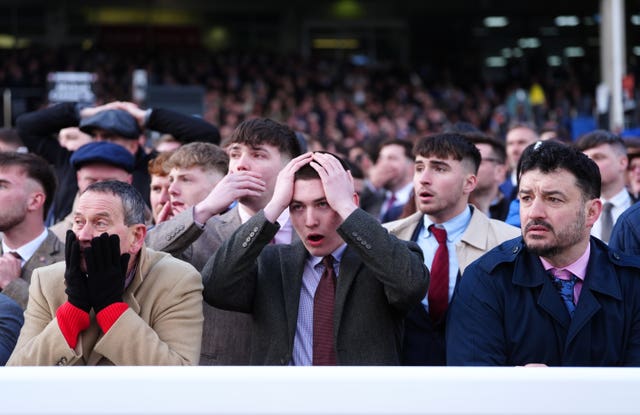 The Cheltenham crowd reacts to Constitution Hill's fall in the Champion Hurdle